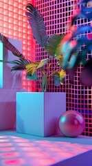 Wall Mural - Neon Lights  Background with Tropical Plant and Geometric Shapes