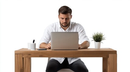 single businessmen working a labtop at wooden desk on the white background