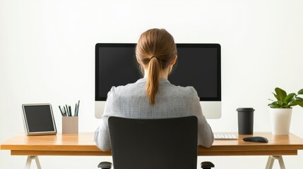 businesswomen working a labtop at wooden desk on the white background