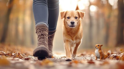 Wall Mural - A small brown dog walking next to a person in boots, AI