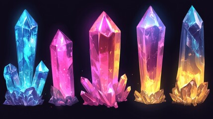 Wall Mural - A set of sparkling pink, blue, and yellow crystals, ready for use as fantasy game elements.