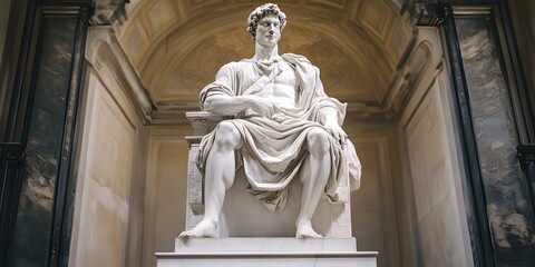 Wall Mural - Marble Statue of a Man Sitting on a Throne in a Grand Hall