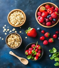 Wall Mural - Oatmeal, Berries and a Wooden Spoon on a Blue Background