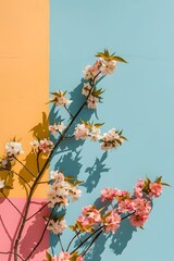 Wall Mural - Pink Flowers On A Colorful Wall