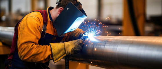 Industrial welder crafting metal pipe, focused on precision work, sparks flying, bright electric arc illuminating protective gear, showcasing craftsmanship and skilled labor.