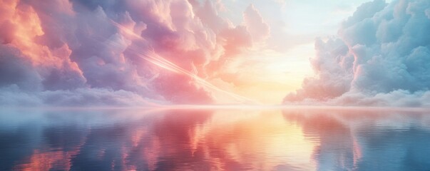 Serene sunrise over calm ocean with vibrant clouds, peaceful nature scene