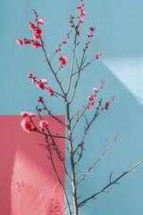 Wall Mural - Pink and Blue Wall with Branch of Blooming Flowers