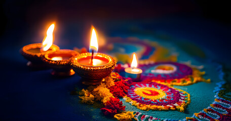 Wall Mural - Oil lamps lit on colorful rangoli during diwali celebration