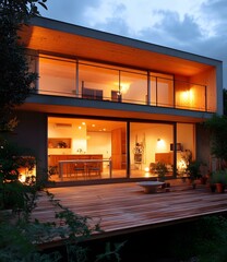 Sticker - Modern Japanese House with Wooden Deck and Interior Design