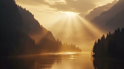 Poster - Mountain Landscape with Golden Sunset and Misty Lake