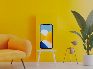 Sticker - Yellow Minimalist Interior Design with Smartphone on Stand