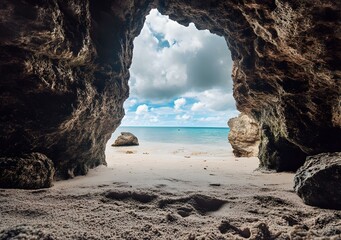 Wall Mural - Beautiful View Of The Ocean Through A Cave Opening On A Beach