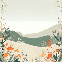 Wall Mural - Floral Landscape with Mountains and White Sky