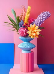 Sticker - Colorful Flower Arrangement in a Blue Vase on a Pink Pedestal