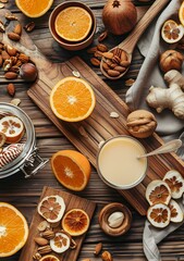 Closeup Food Photography of Orange Slices, Nuts, and Almond Milk