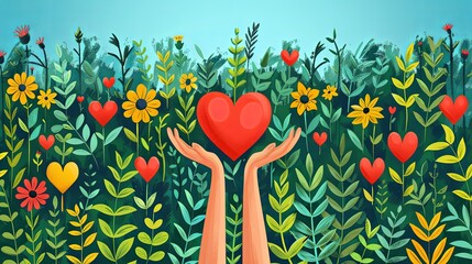 Hands holding a heart. Concept of charity and donation. Colorful vector illustration