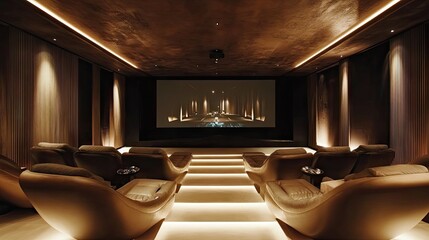 Wall Mural - Plush seating and a massive screen take center stage in this luxurious home cinema, with recessed lighting setting the perfect mood.