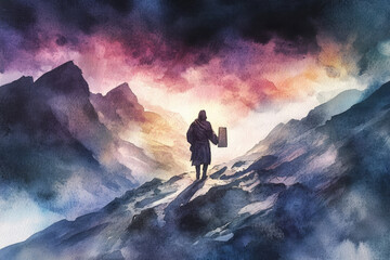 Prophet is standing on a mountain top holding stone tablets with a dramatic sky at sunset