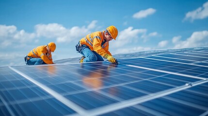 Wall Mural - installation of solar panels by engineers on a rooftop, emphasizing modern technology and environmental benefits, with copy space for text