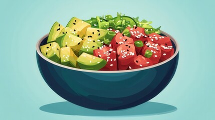 Sticker - Hawaiian Poke Bowl With Avocado, Salmon, and Sesame Seeds