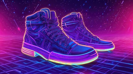 Wall Mural - A pair of neon blue sneakers with purple accents on a retro-style background.