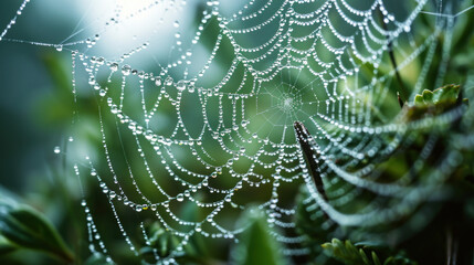 Tiny water droplets clinging to a spider web, sparkling in the morning light