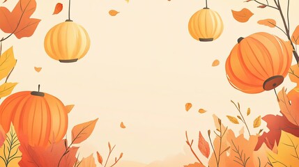 Wall Mural - A painting of a fall scene with four orange lanterns hanging from the ceiling