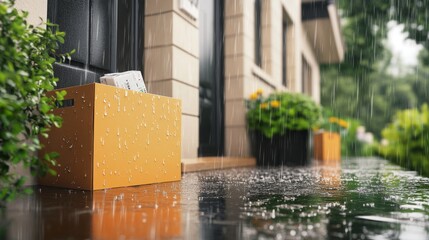 A rainy day with packages safely stored inside a waterproof parcel delivery box on the doorstep.