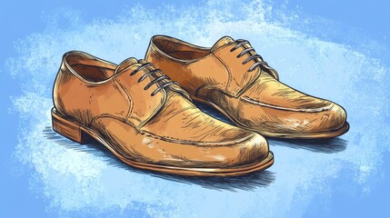 Wall Mural - A pair of brown leather shoes with laces on a blue background.