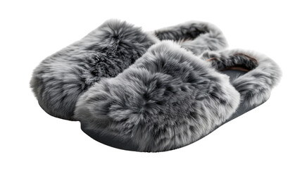 Grey furry indoor slippers on transparent background