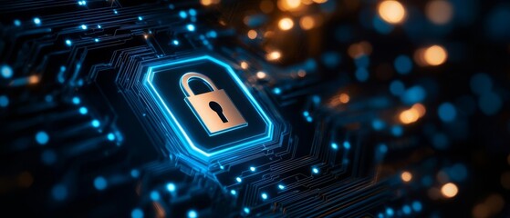 a modern digital lock symbol over a circuit board background, representing cybersecurity and data pr