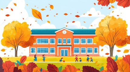 School Building Surrounded by Autumn Foliage