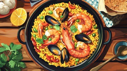 Sticker - Seafood Paella in a Black Pan on a Wooden Table