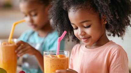 Two cheerful girls enjoying refreshing smoothies with colorful straws, capturing the essence of healthy fun and friendship.