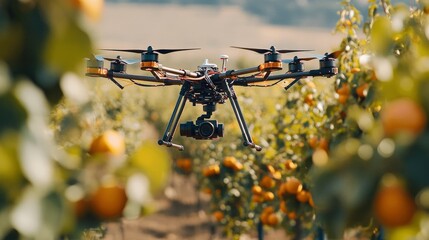 Drone equipped with thermal sensors flying over an orchard, autonomously tracking plant health.