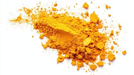 A top-down view of turmeric powder spilled on a white background, creating a striking contrast