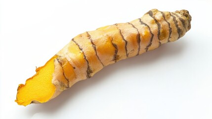 A turmeric root partially peeled, isolated on a crisp white background