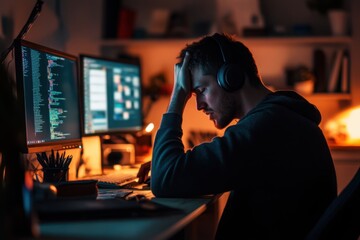 programmer working late on multiple screens