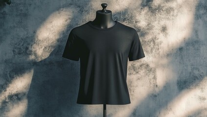 Poster - black t-shirt on mannequin against a wall.