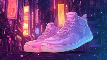 Wall Mural - Neon city street scene with a pair of sneakers in the foreground.