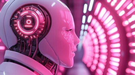 A futuristic robot with glowing eyes and a pink light, AI