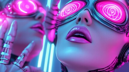 A close up of a woman with neon pink glasses and glowing eyes, AI
