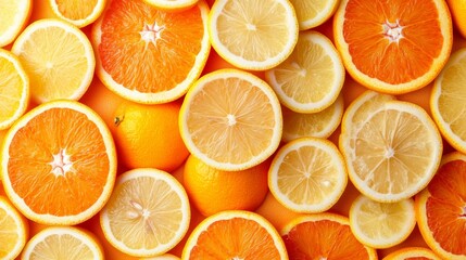 Sliced Oranges and Lemons Creating a Colorful Vitamin C Background