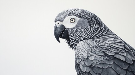 Wall Mural - Portrait of an African Grey parrot perched with its head tilted, giving a curious and inquisitive look.