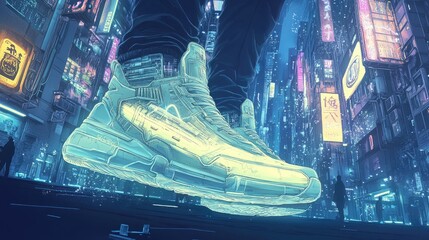 Wall Mural - A glowing shoe stands tall above a futuristic cityscape.