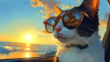 Whimsical summer landscape reflected in sunglasses worn by a stylish cat, embodying holiday vibes with a touch of humor in generative artwork