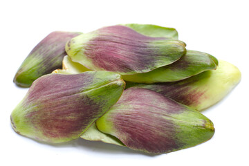 Wall Mural - Artichoke petals on white background.