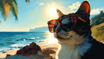 Whimsical summer landscape reflected in sunglasses worn by a stylish cat, embodying holiday vibes with a touch of humor in generative artwork