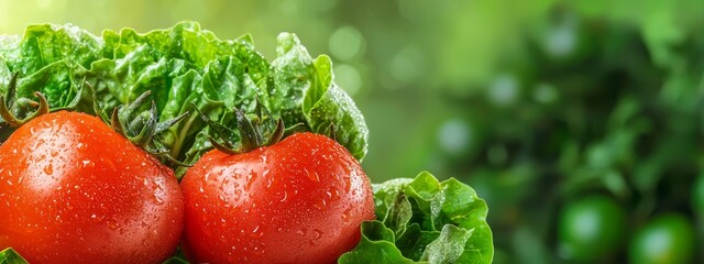 Wall Mural -  Three tomatoes rest atop a verdant, leafy plant, their surfaces speckled with watery dew