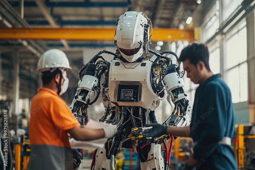 Human engineers interacting with advanced humanoid robot in fact Stock ...